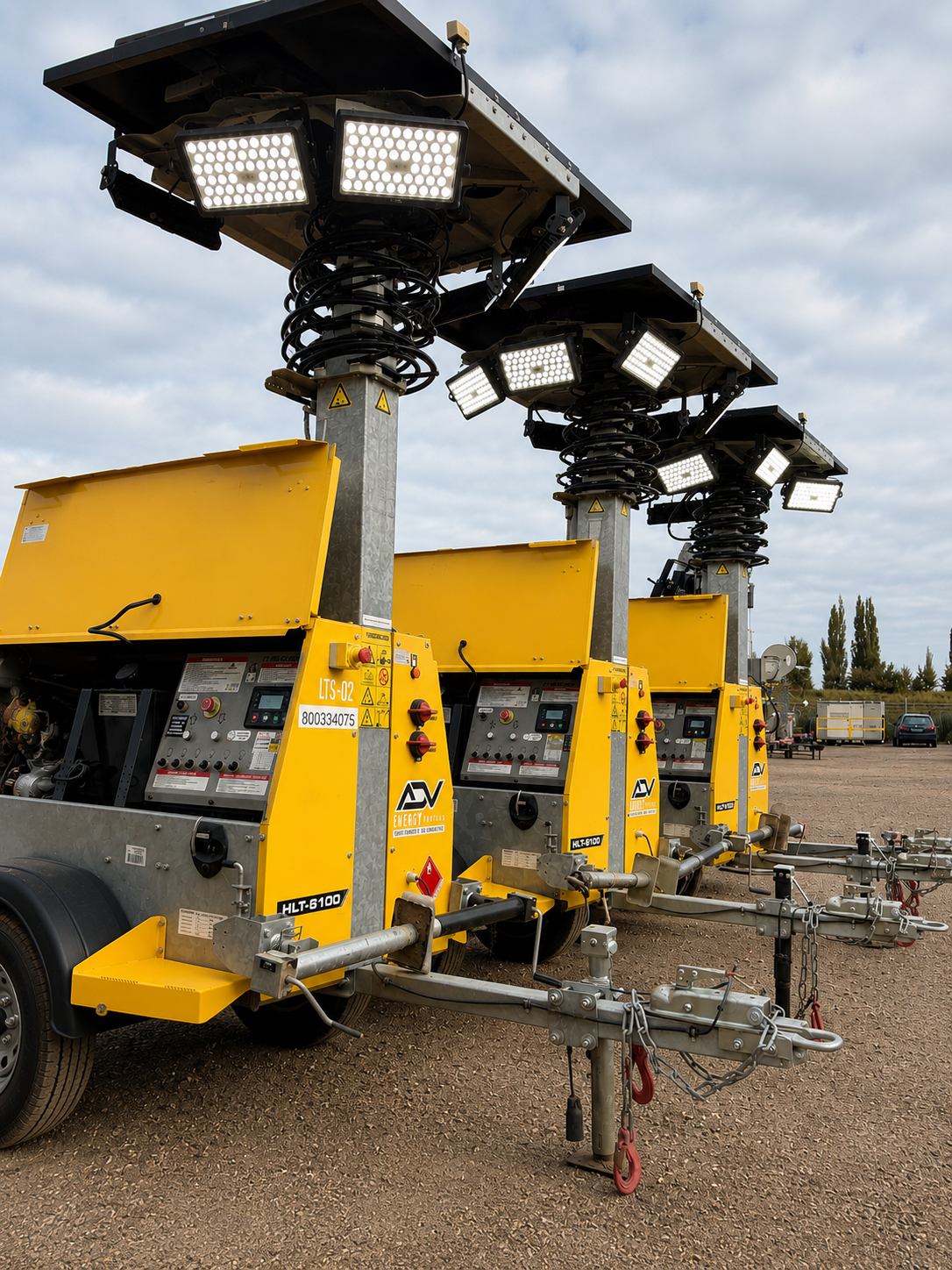 Row of solar-hybrid light towers, 4-8 kW, ADV Energy Rentals