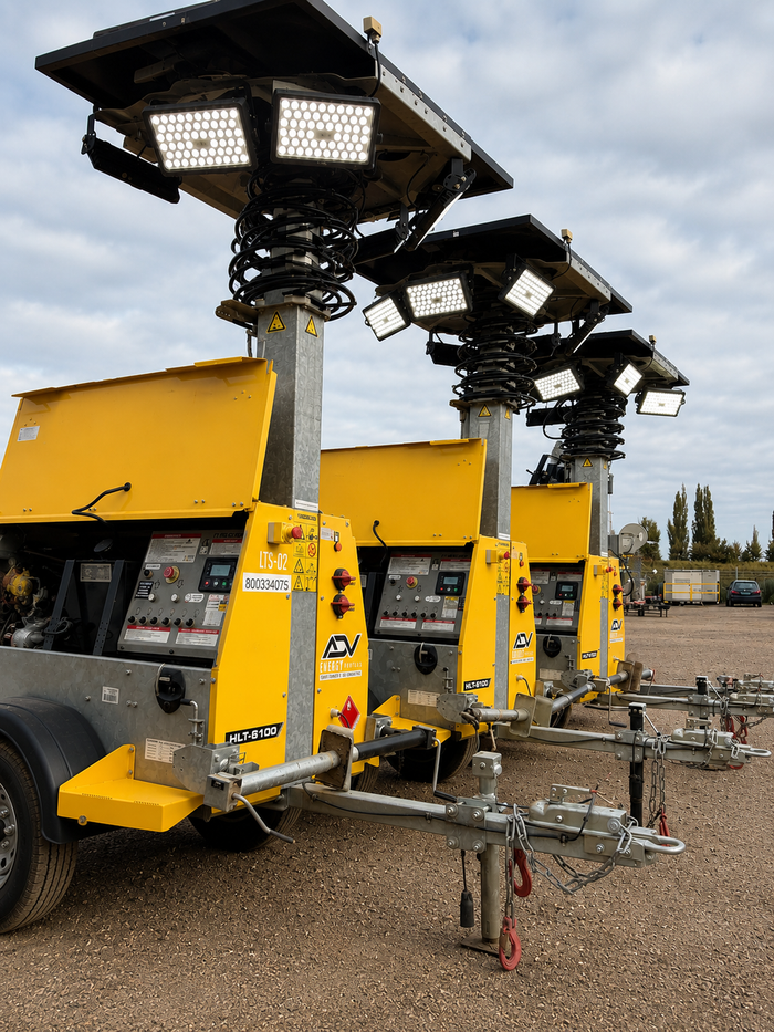 Row of solar-hybrid light towers, 4-8 kW, ADV Energy Rentals for rent from ADV Energy Rentals